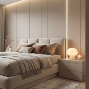 ideogram v3.0 a modern luxurious bedroom interior with a clean minimalist design. include soft 0