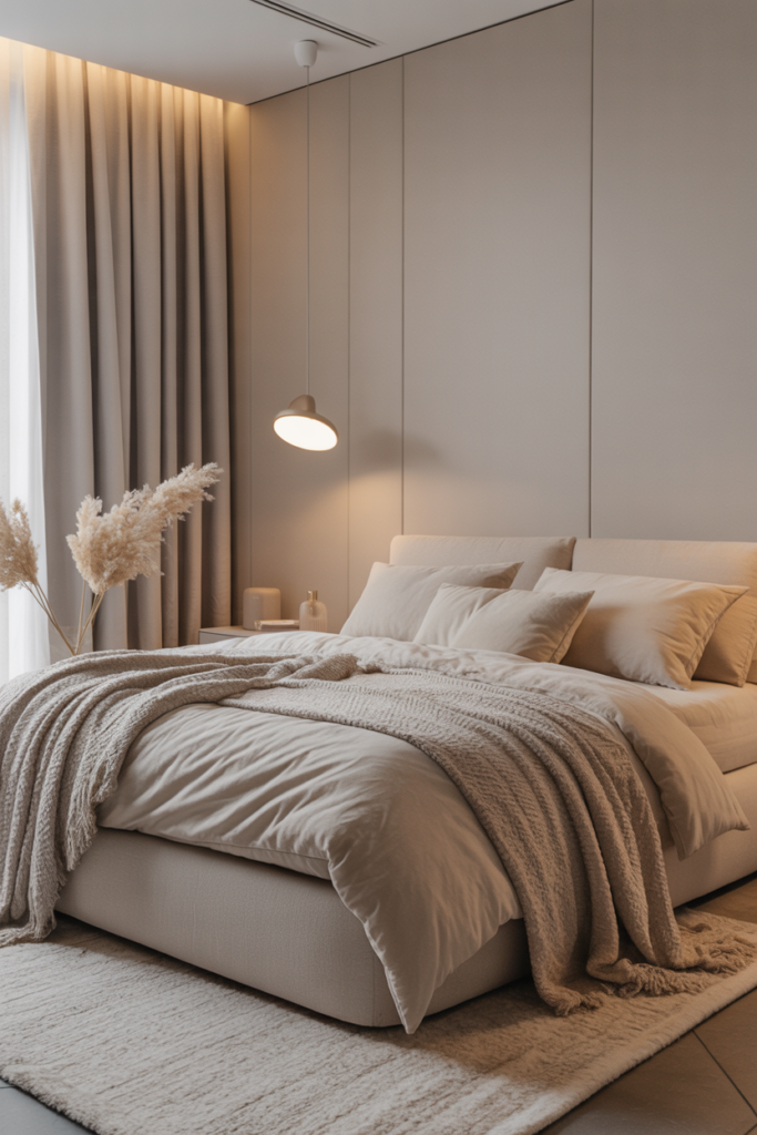 ideogram v3.0 a luxurious modern bedroom in soft neutral beige and cream tones layered cozy be 0