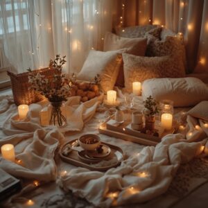 lucid origin create a premium pinterest style vertical image of a cozy romantic floor picnic 0